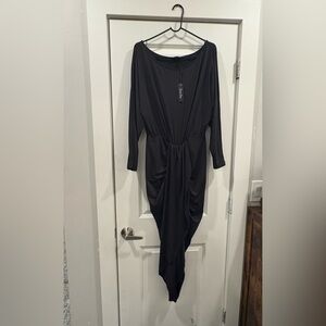 Draped Black Long-Sleeve Midi Dress with Gathered Waist Detail